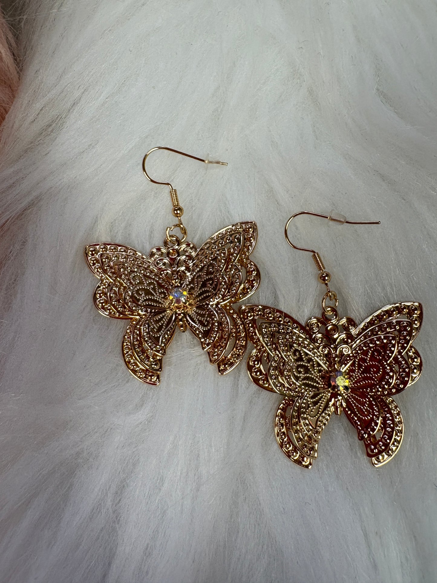 White Rhinestone Gold Butterfly Wire Earrings