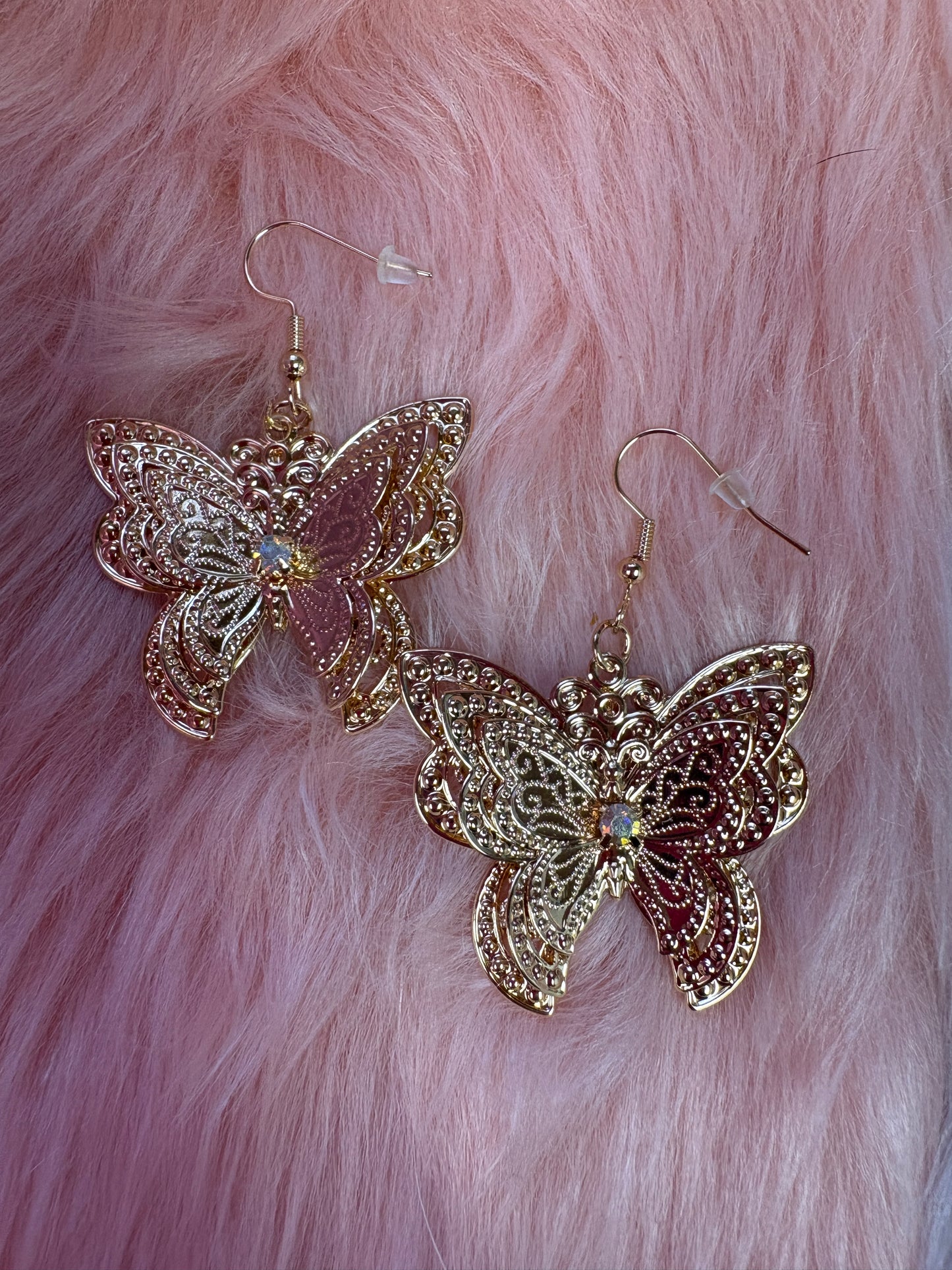 White Rhinestone Gold Butterfly Wire Earrings