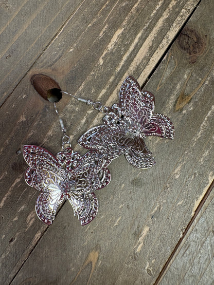 White Rhinestone Silver Butterfly Wire Earrings