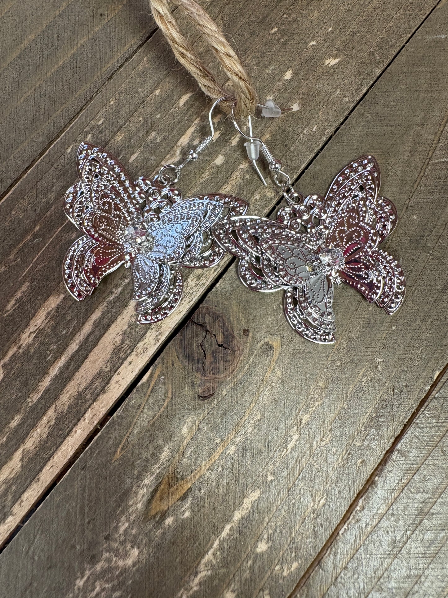 White Rhinestone Silver Butterfly Wire Earrings