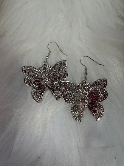 White Rhinestone Silver Butterfly Wire Earrings