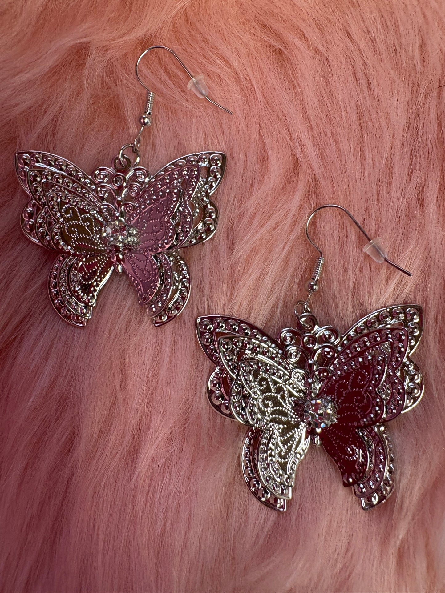 White Rhinestone Silver Butterfly Wire Earrings