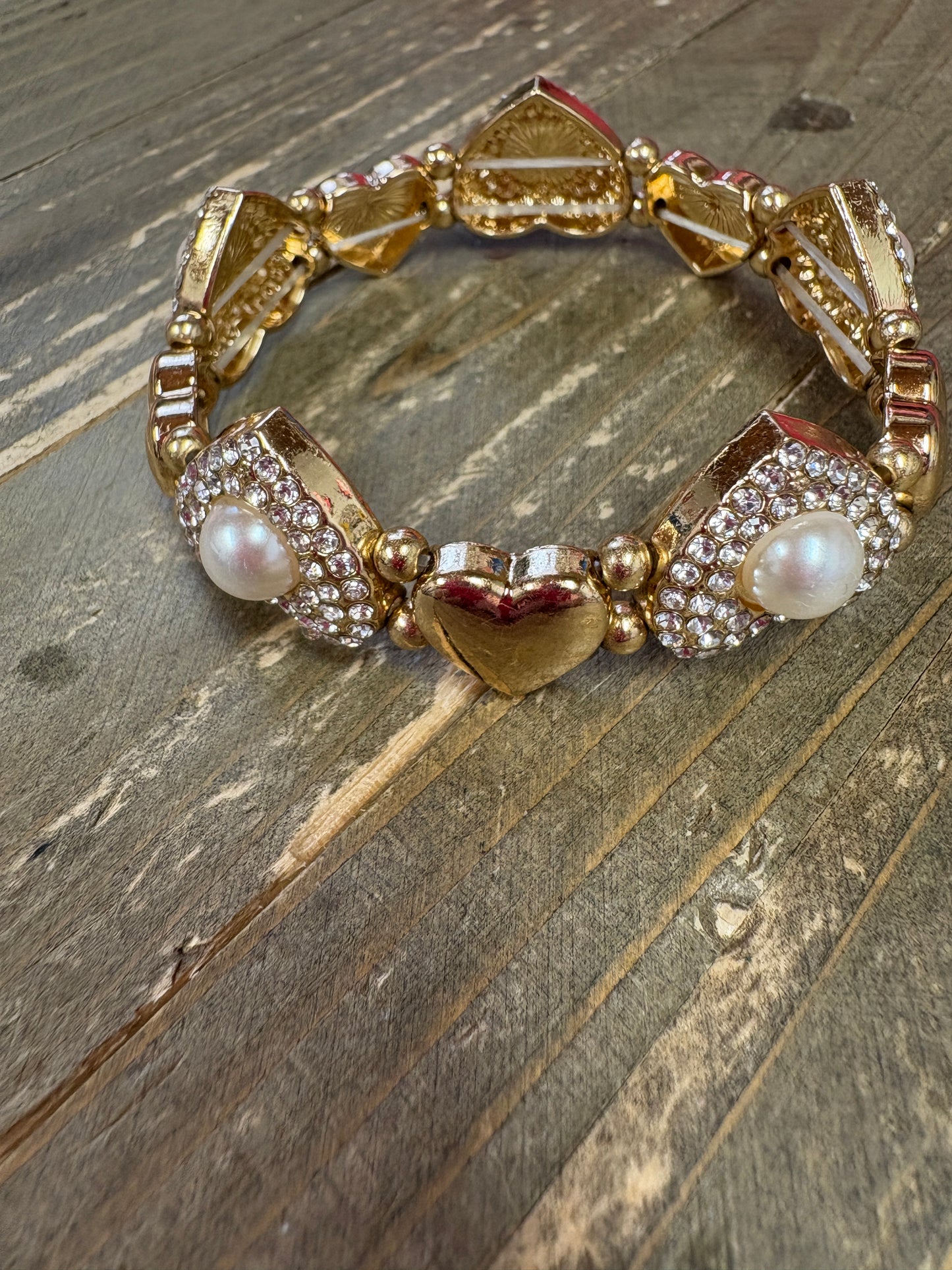 Gold Heart White Pearl Rhinestone Stretchy Bracelet