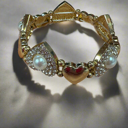 Gold Heart White Pearl Rhinestone Stretchy Bracelet