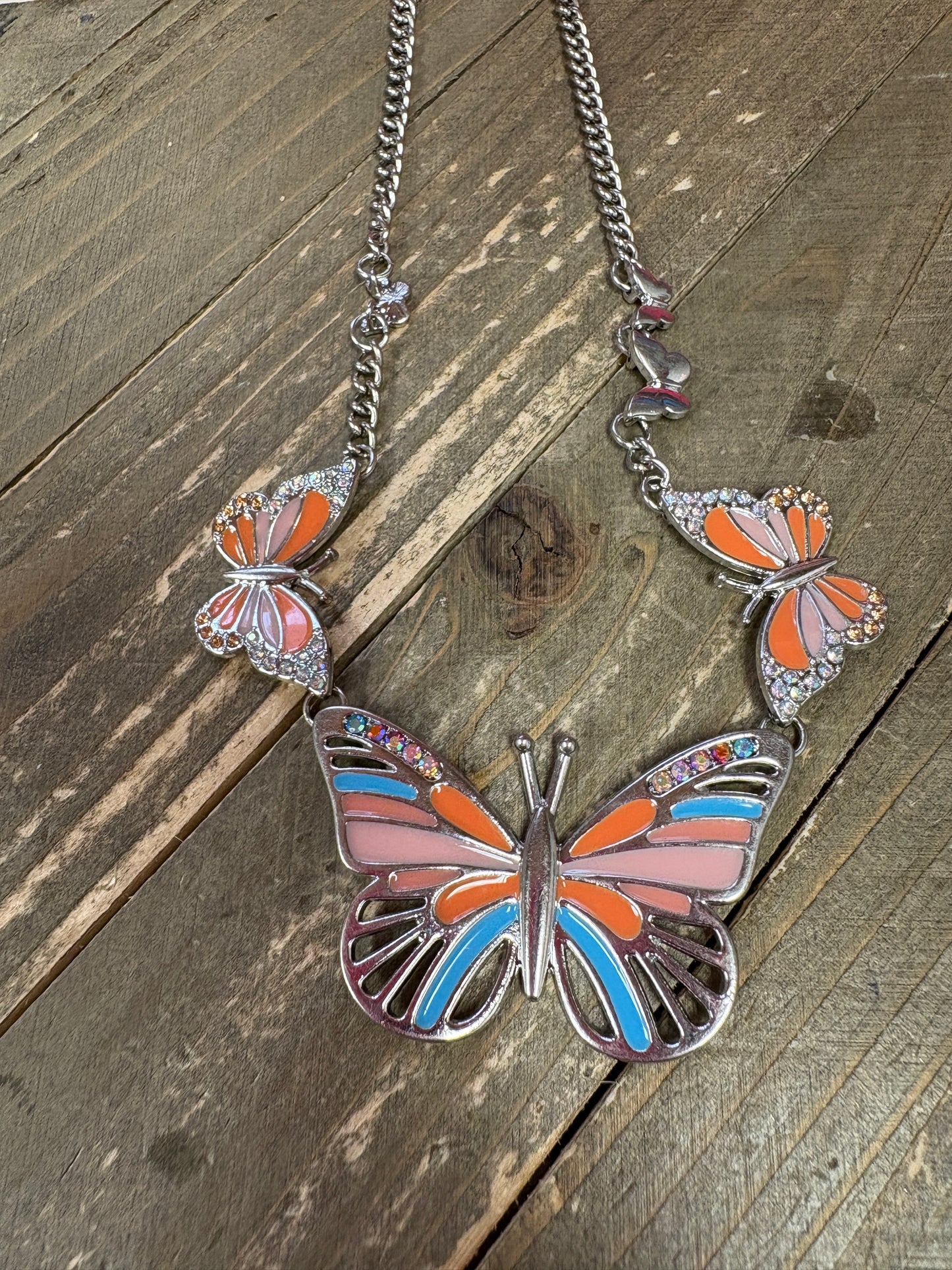 Pink, Orange and Blue Butterfly Silver Necklace