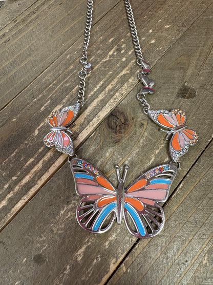 Pink, Orange and Blue Butterfly Silver Necklace