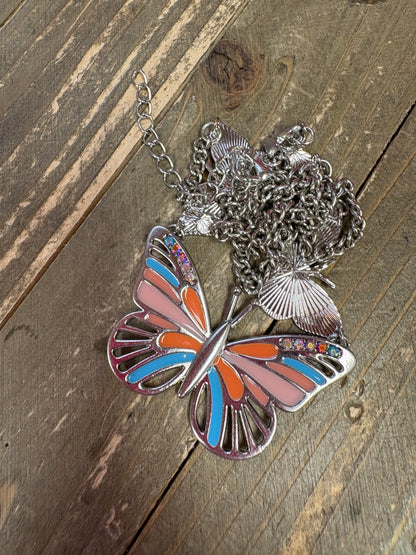 Pink, Orange and Blue Butterfly Silver Necklace