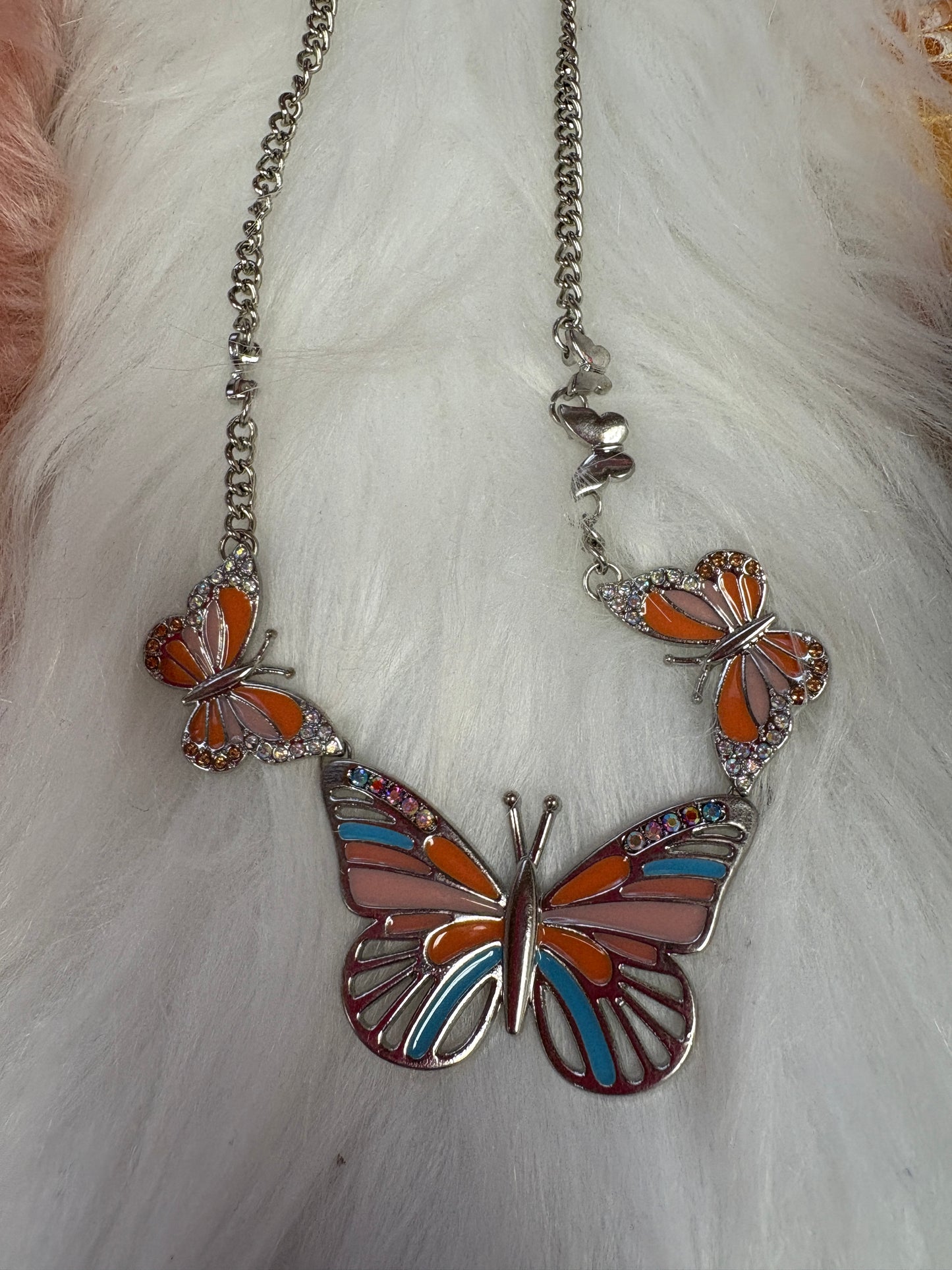 Pink, Orange and Blue Butterfly Silver Necklace