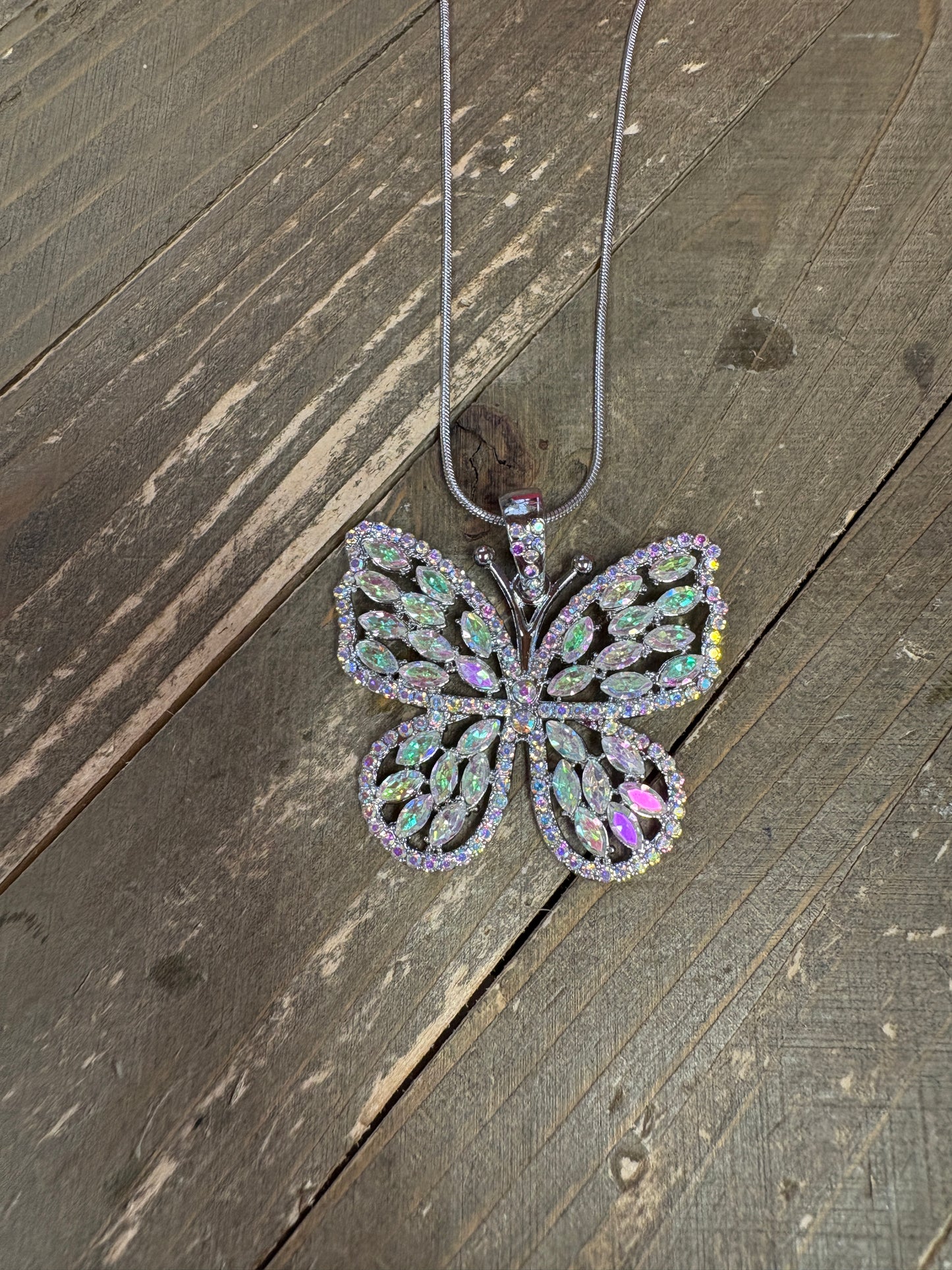 Multi Iridescent Rhinestone Silver Butterfly Necklace