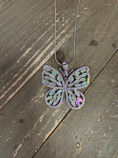 Multi Iridescent Rhinestone Silver Butterfly Necklace