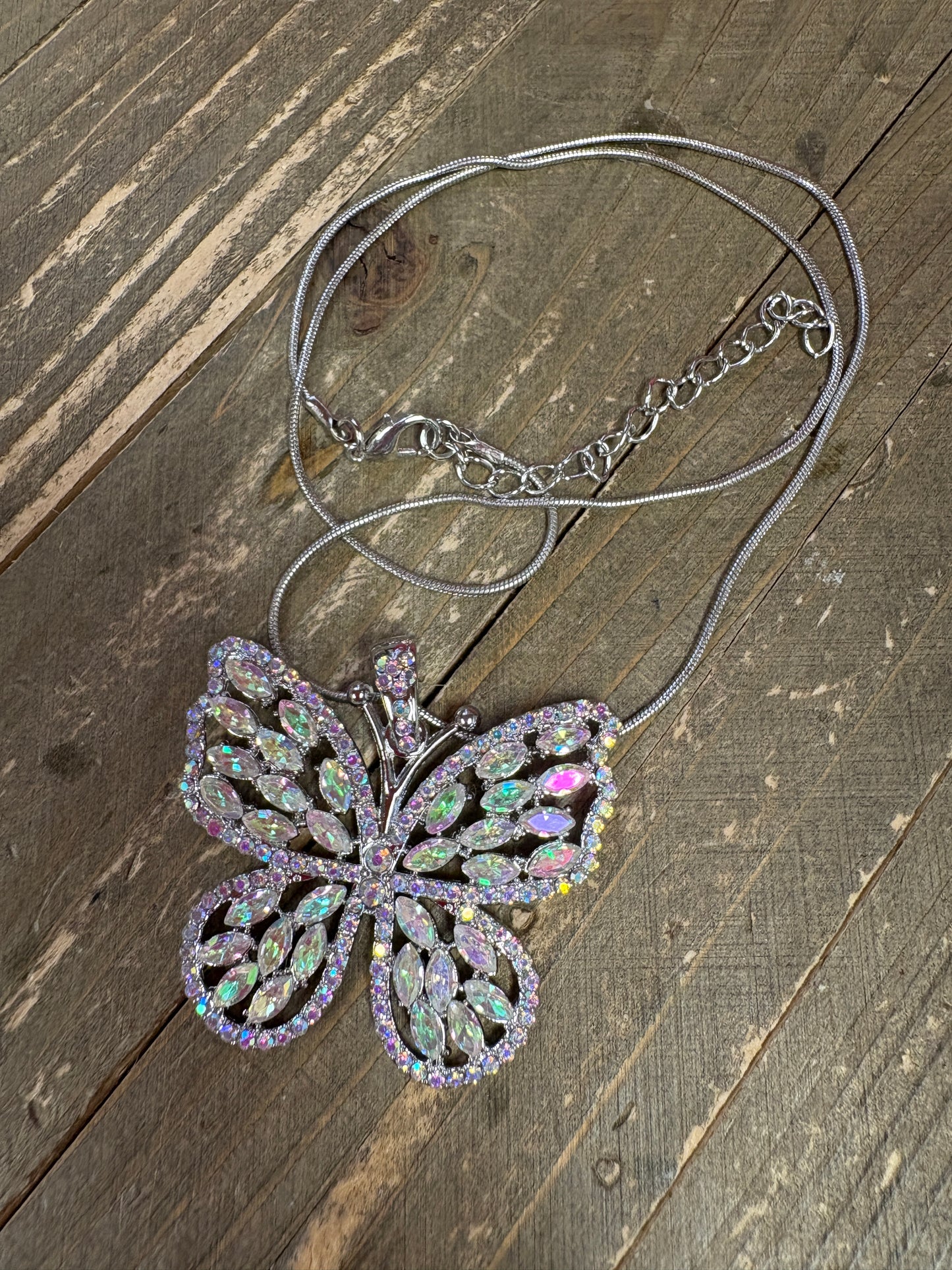 Multi Iridescent Rhinestone Silver Butterfly Necklace