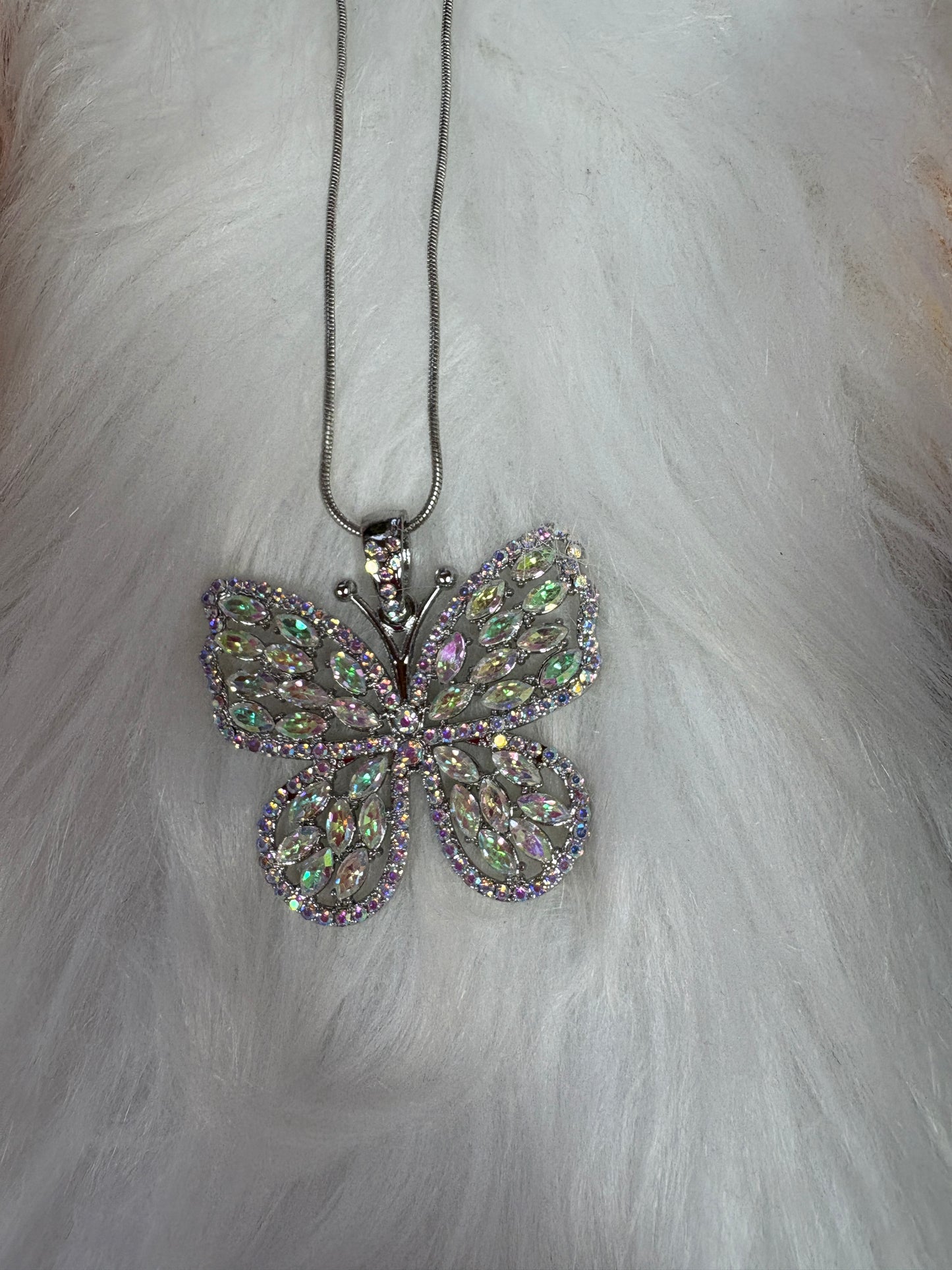 Multi Iridescent Rhinestone Silver Butterfly Necklace