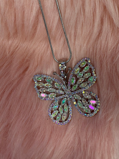 Multi Iridescent Rhinestone Silver Butterfly Necklace