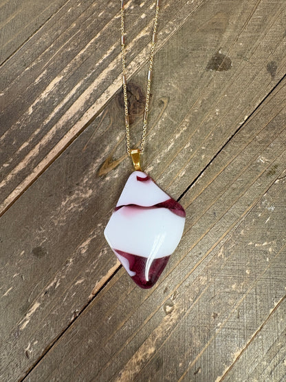 Fused Glass-Pink & White Diamond Shaped Pendant on a Gold Chain Necklace