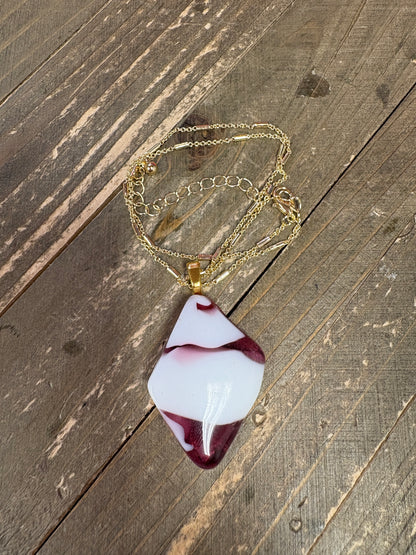 Fused Glass-Pink & White Diamond Shaped Pendant on a Gold Chain Necklace