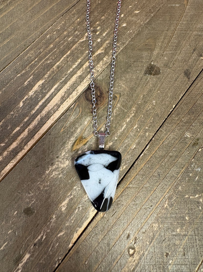 Fused Glass-Black with White Triangle shaped Pendant on a silver Chain Necklace