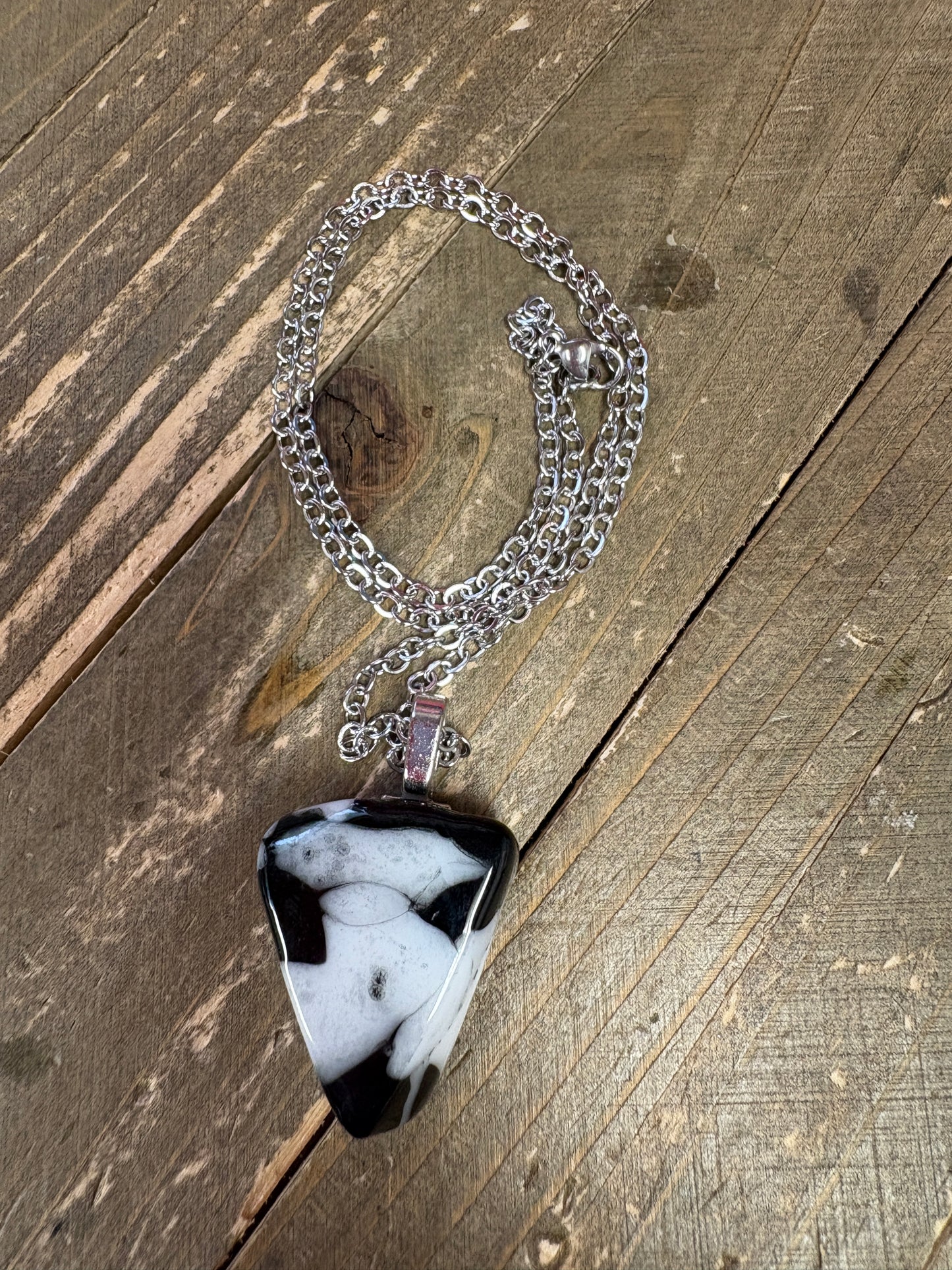 Fused Glass-Black with White Triangle shaped Pendant on a silver Chain Necklace