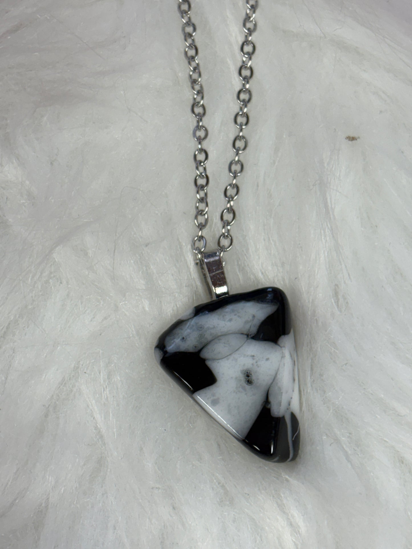 Fused Glass-Black with White Triangle shaped Pendant on a silver Chain Necklace