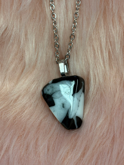 Fused Glass-Black with White Triangle shaped Pendant on a silver Chain Necklace