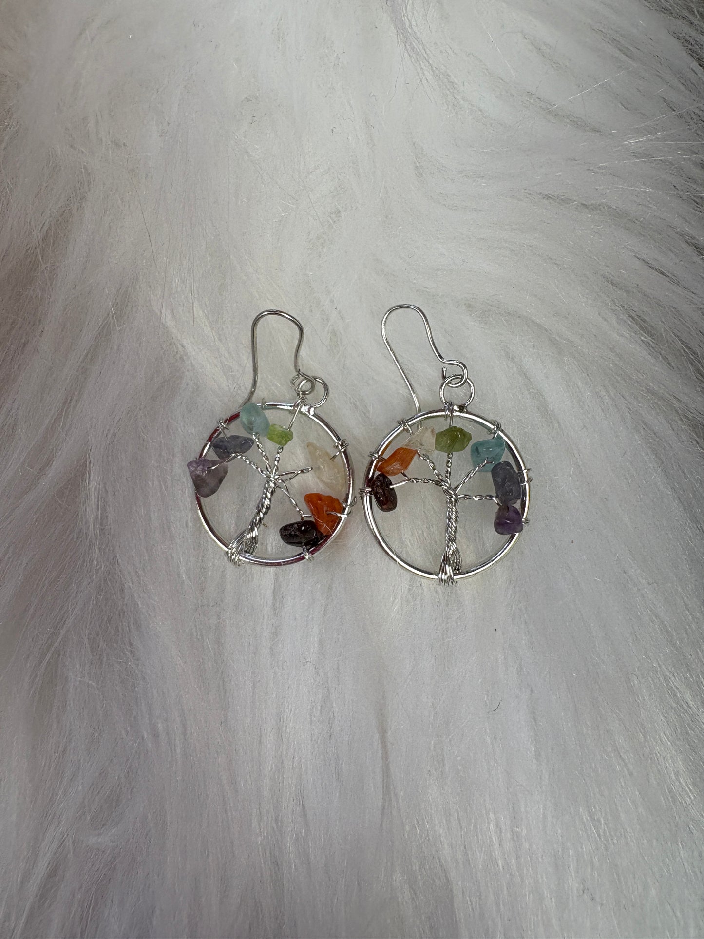 Multi Agate Chip Silver Tree Wire Earrings