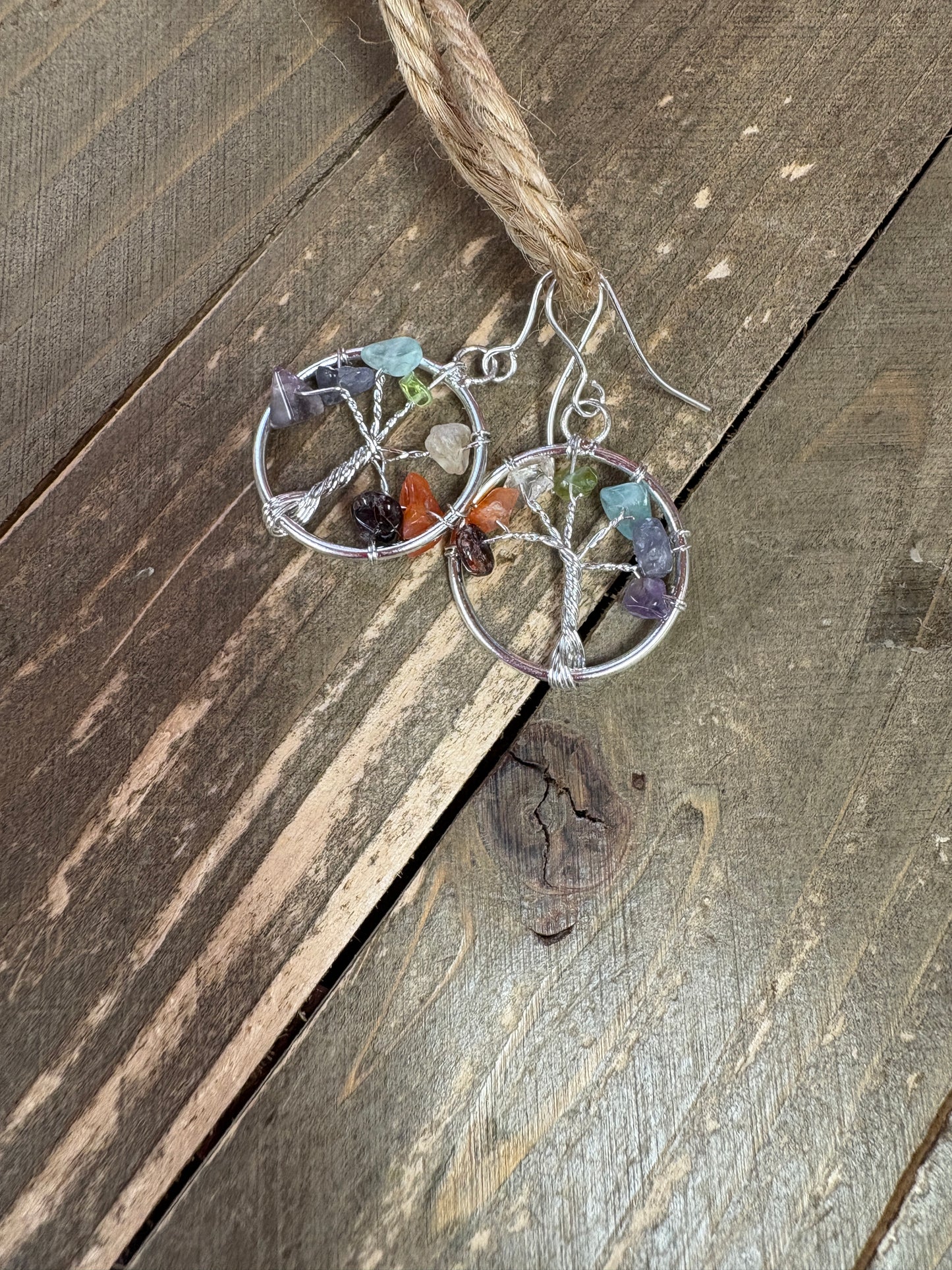 Multi Agate Chip Silver Tree Wire Earrings