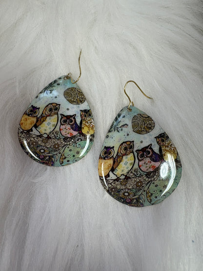 Whimsical Animal Print-Owl Teardrop Wire Earrings