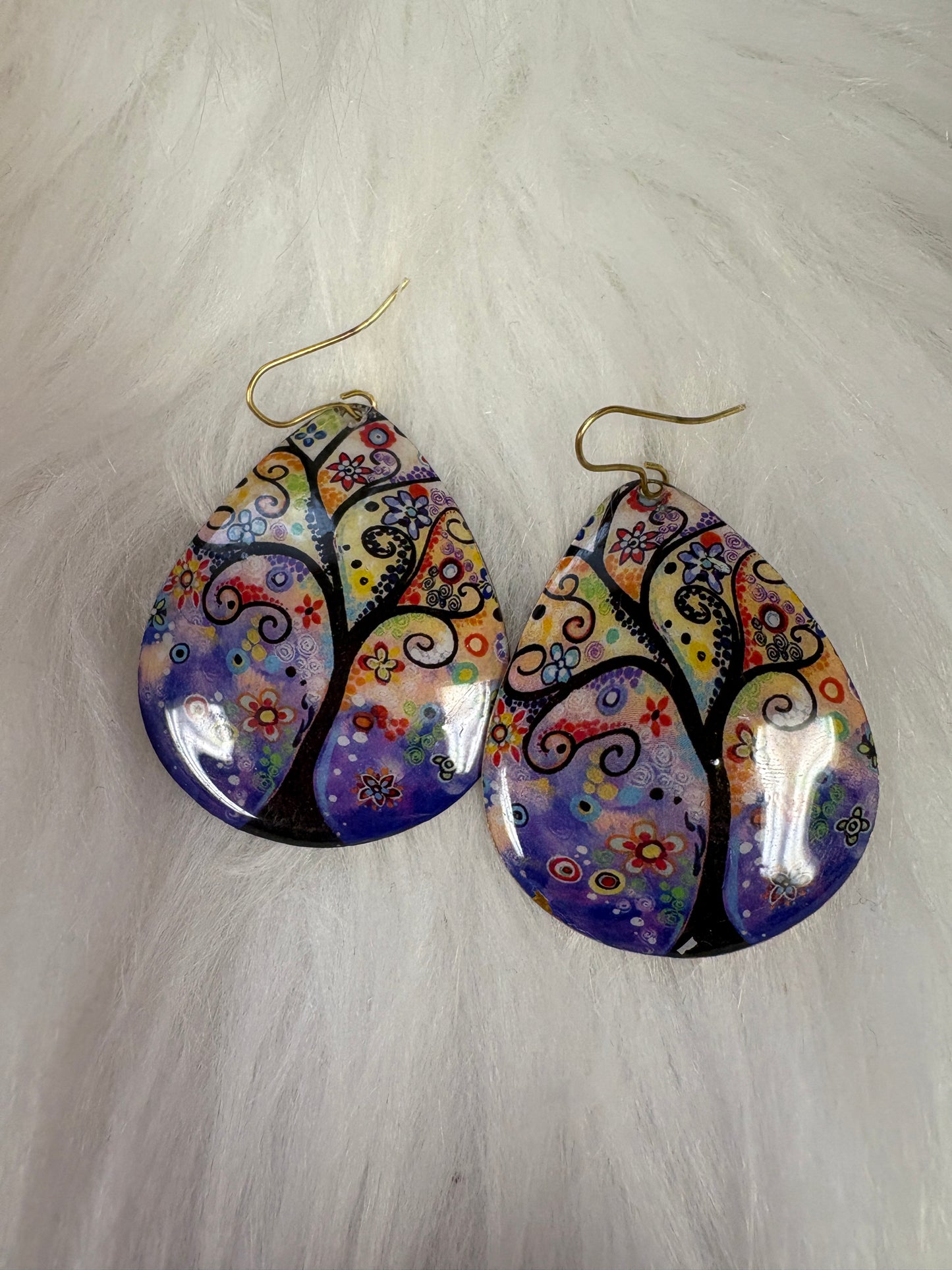 Whimsical Nature Print-Tree Teardrop Wire Earrings