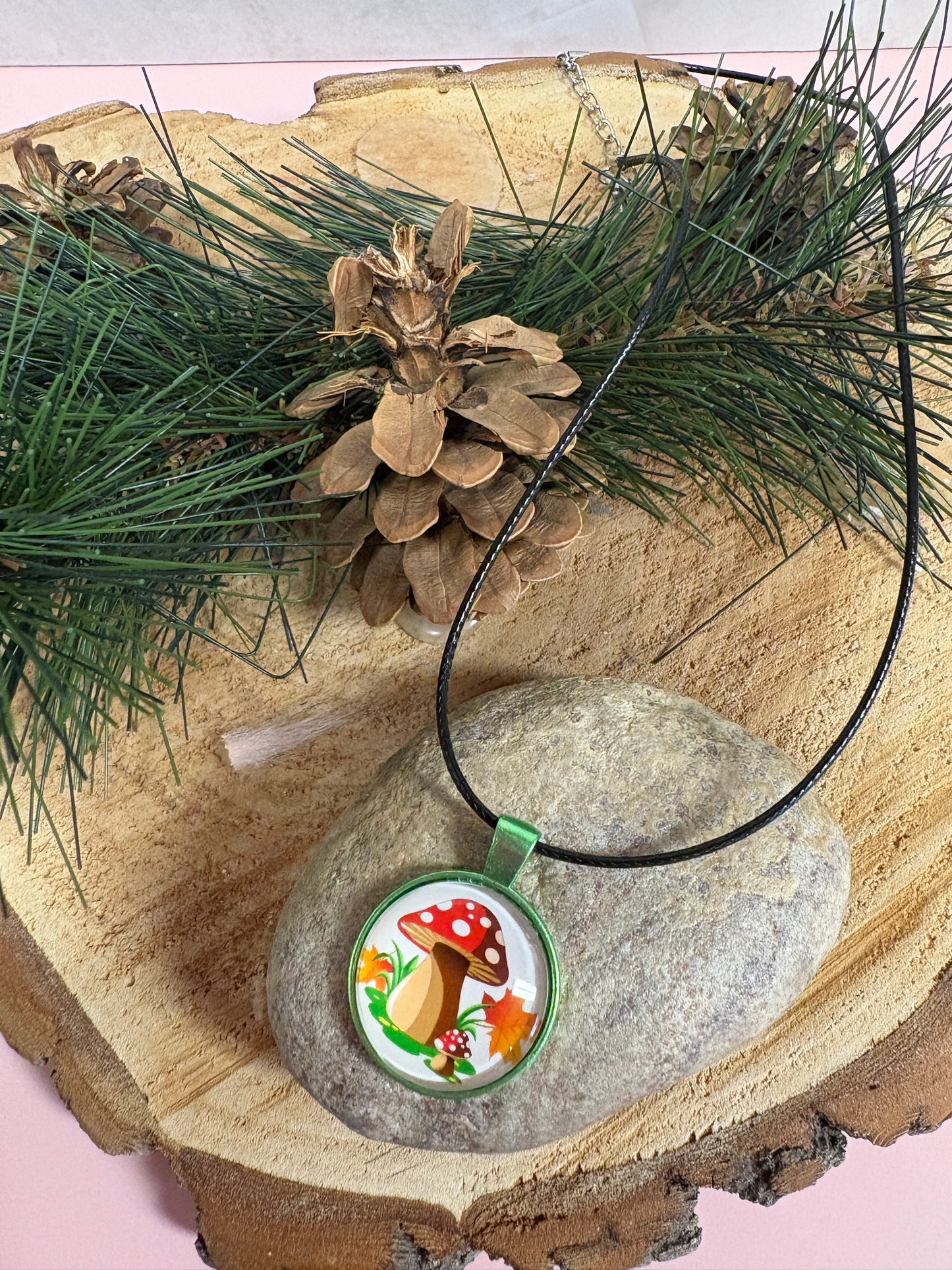 Mushroom Cabochon Pendant on a Black Cord Necklace