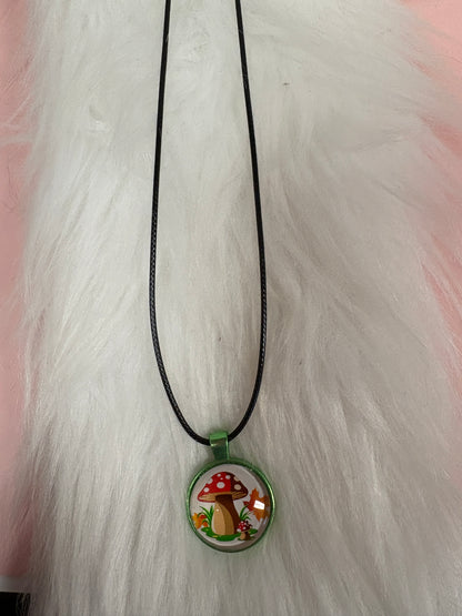 Mushroom Cabochon Pendant on a Black Cord Necklace