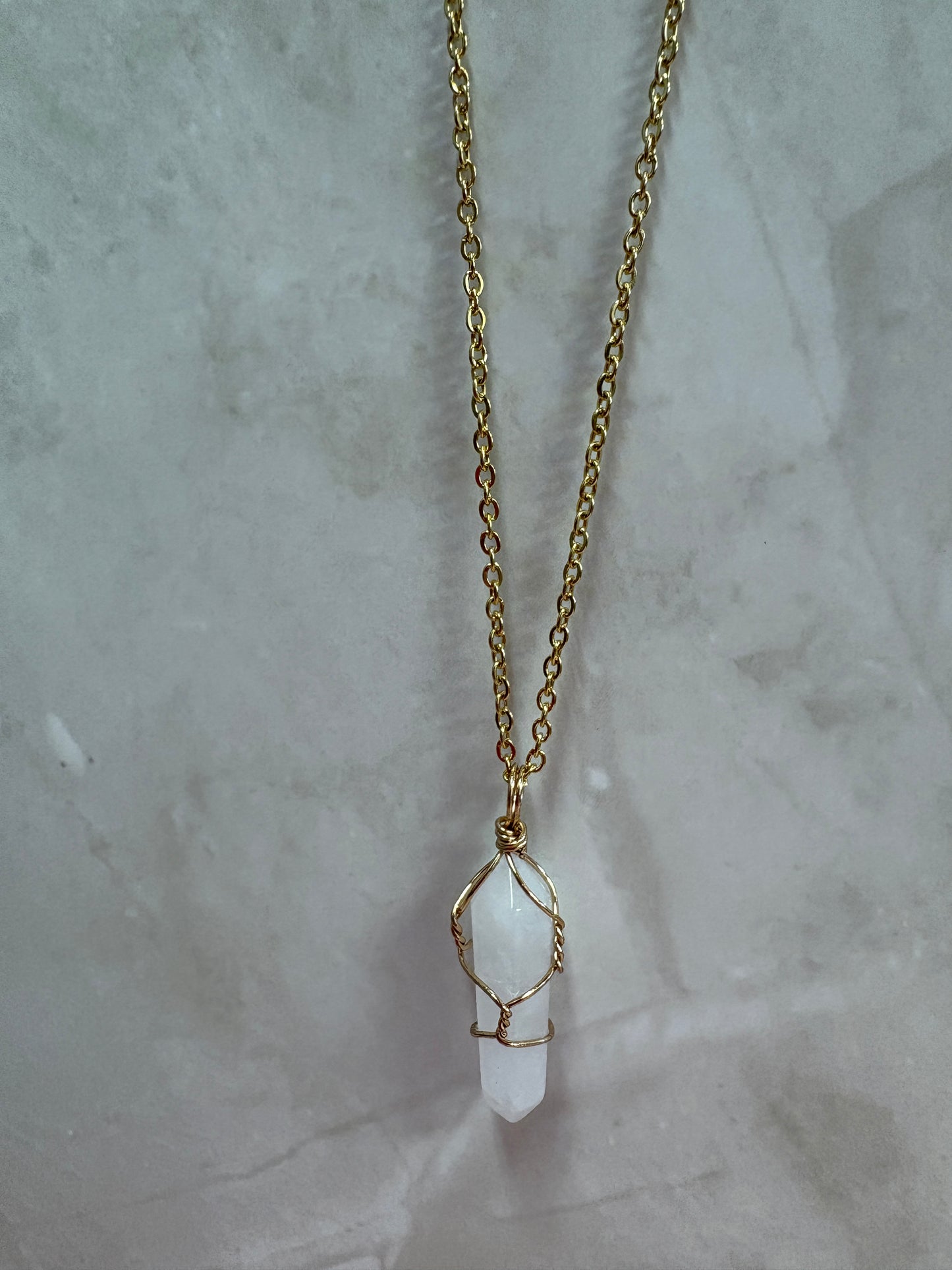 Wire Wrapped White Quartz Prism Pendant on a Gold Chain Necklace