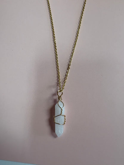 Wire Wrapped White Quartz Prism Pendant on a Gold Chain Necklace