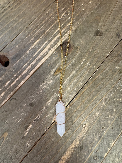 Wire Wrapped White Quartz Prism Pendant on a Gold Chain Necklace