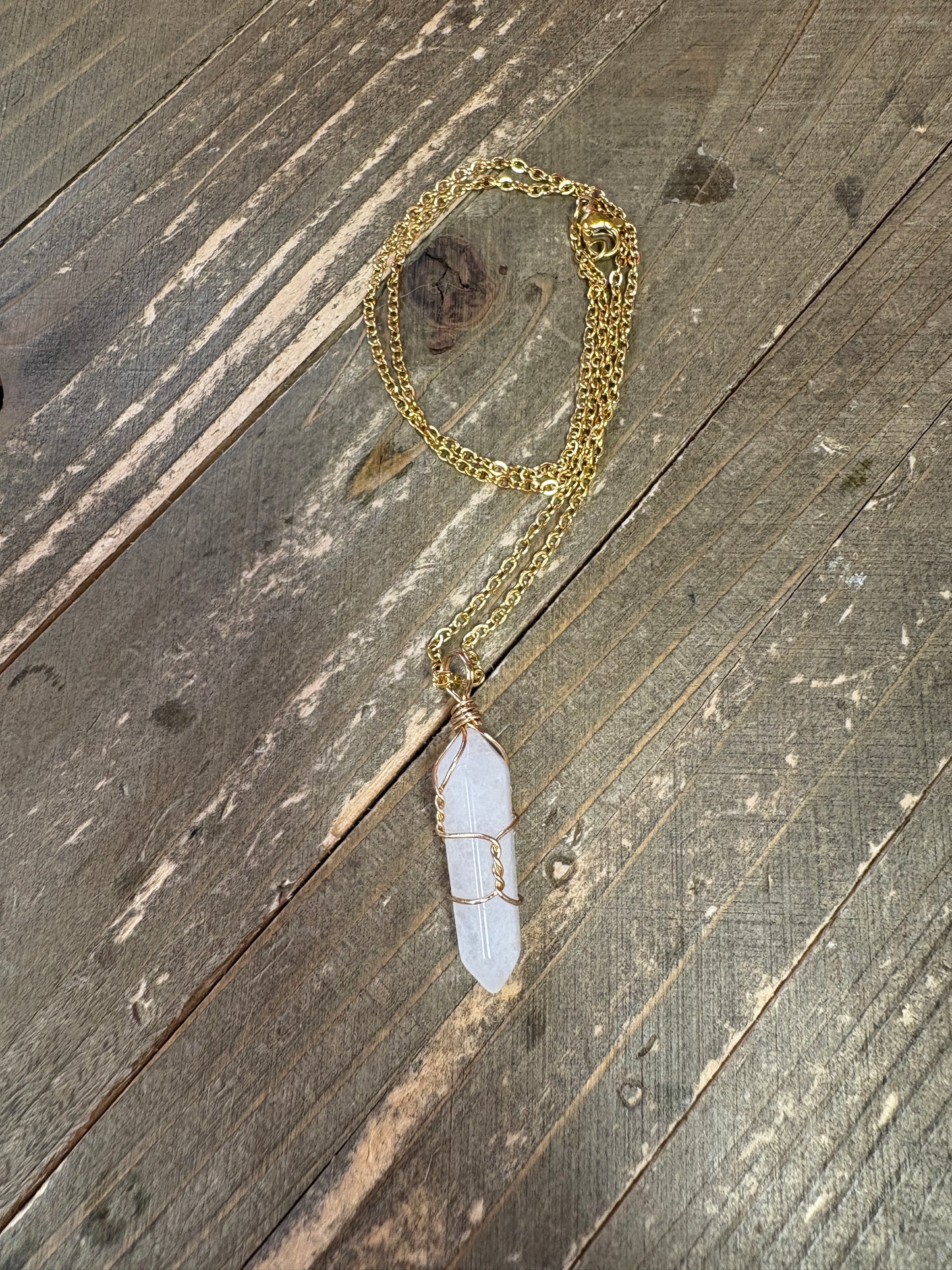 Wire Wrapped White Quartz Prism Pendant on a Gold Chain Necklace