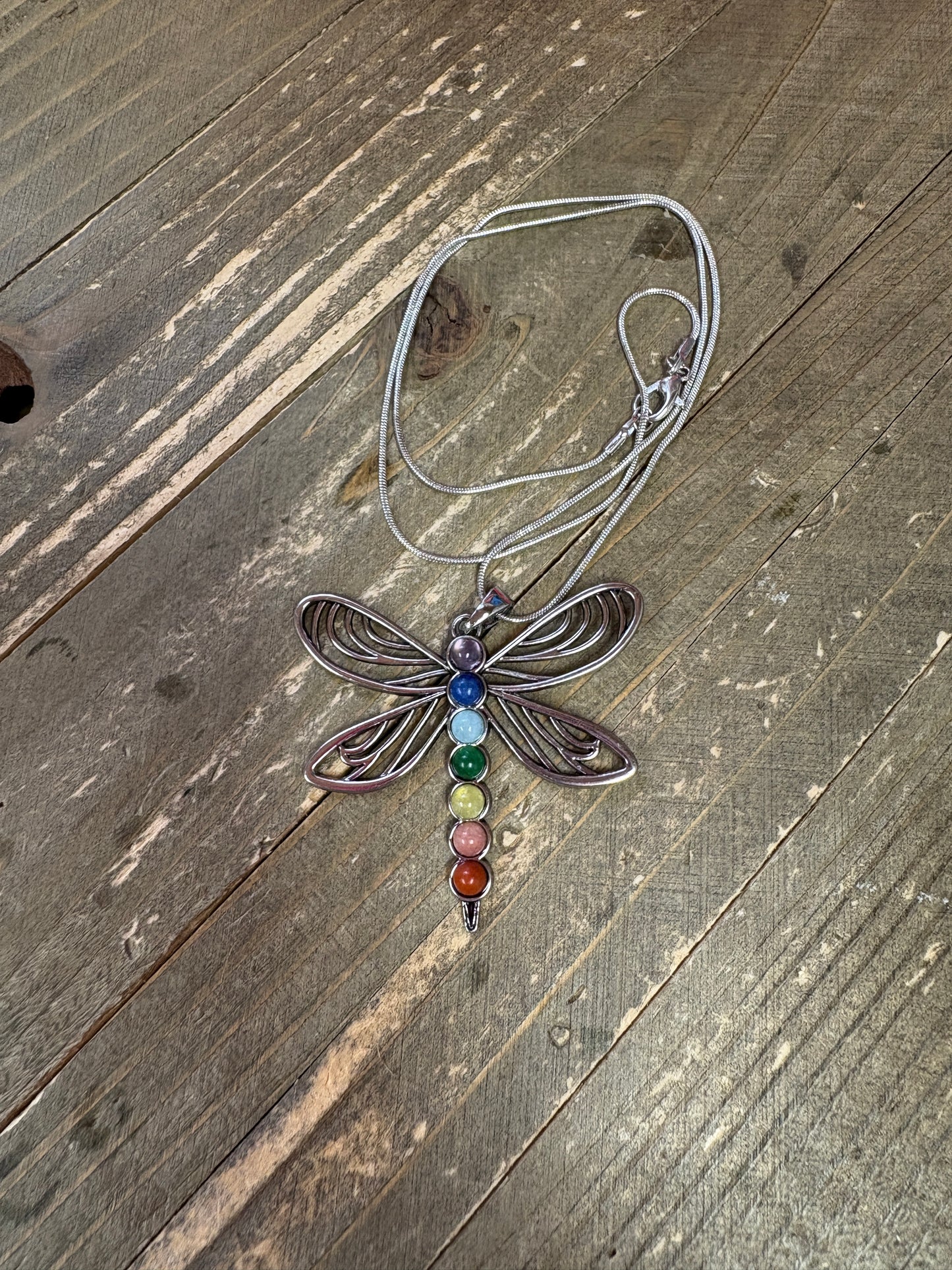 Chakra Dragonfly Pendant on a silver Chain Necklace