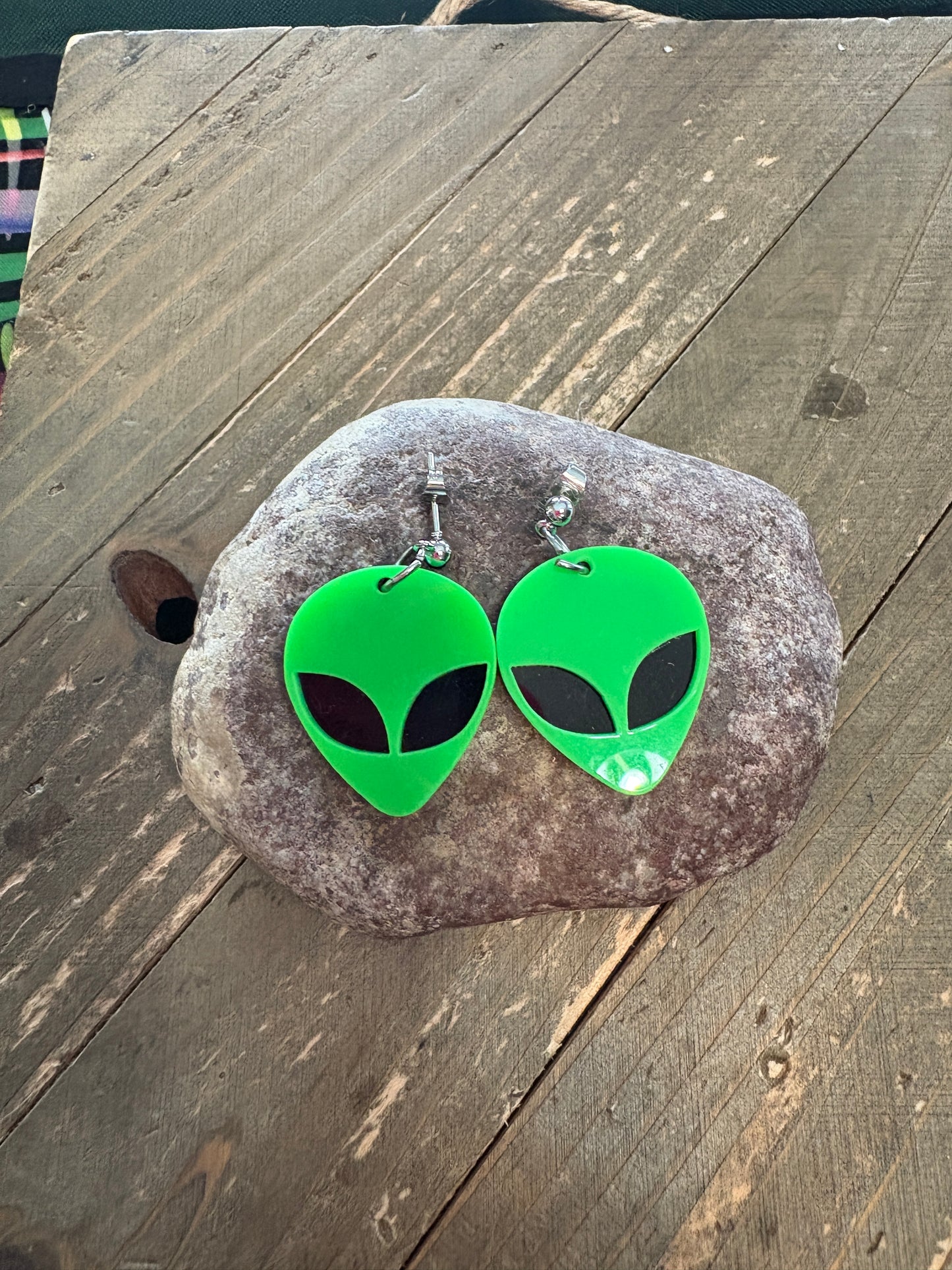 Green & Black Alien Head charm ball post earrings