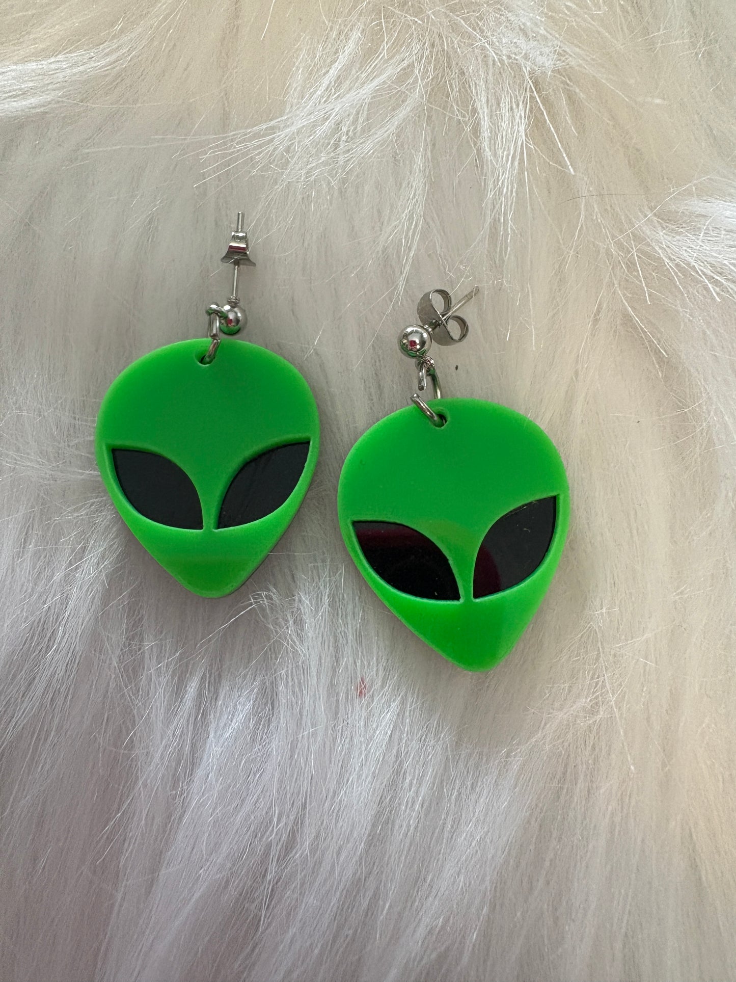 Green & Black Alien Head charm ball post earrings