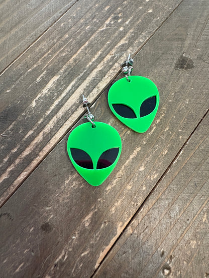 Green & Black Alien Head charm ball post earrings