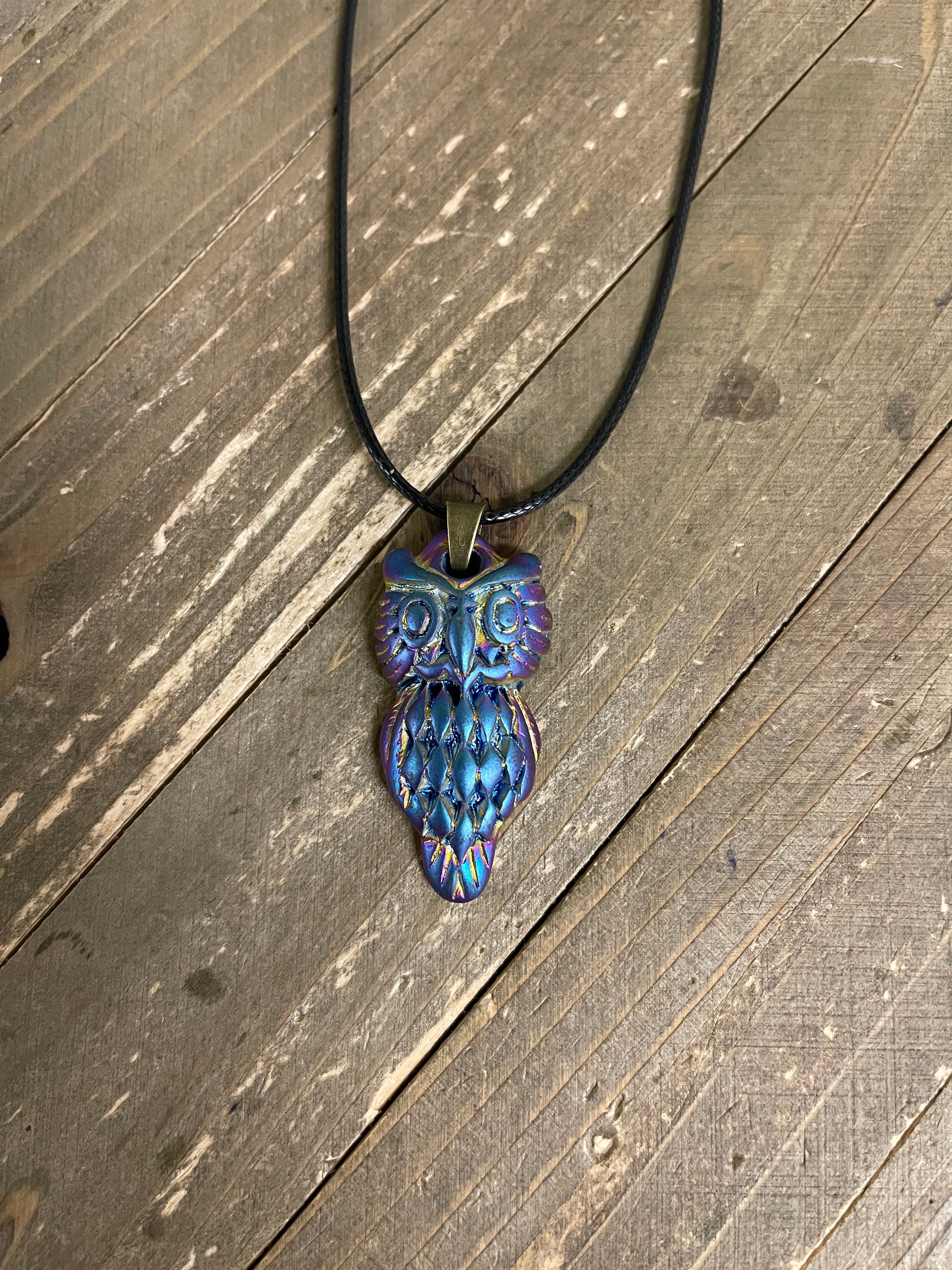 Iridescent OWL Pendant on a Black Cord NecklacePink tiful of LOVE