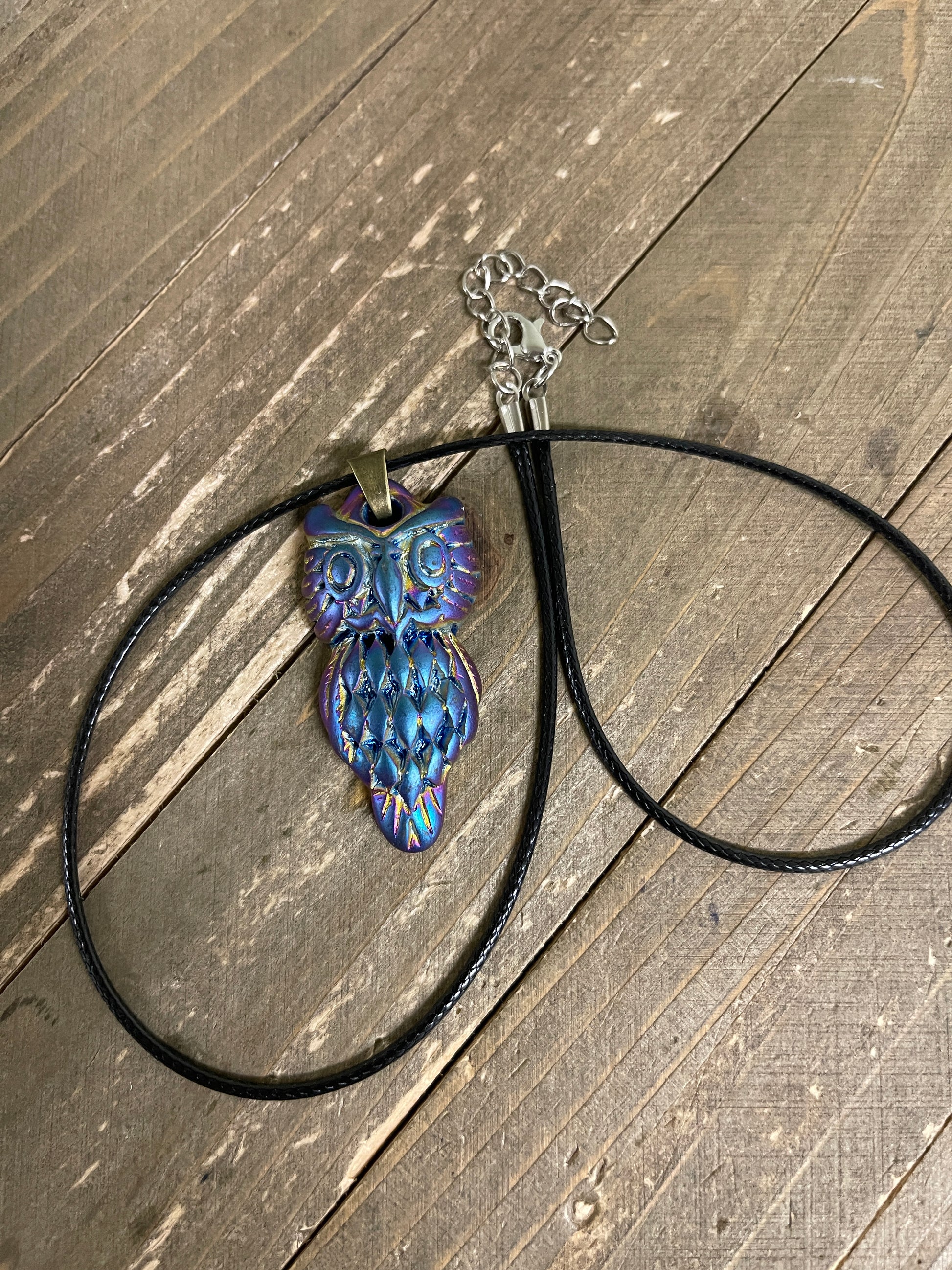 Iridescent OWL Pendant on a Black Cord NecklacePink tiful of LOVE