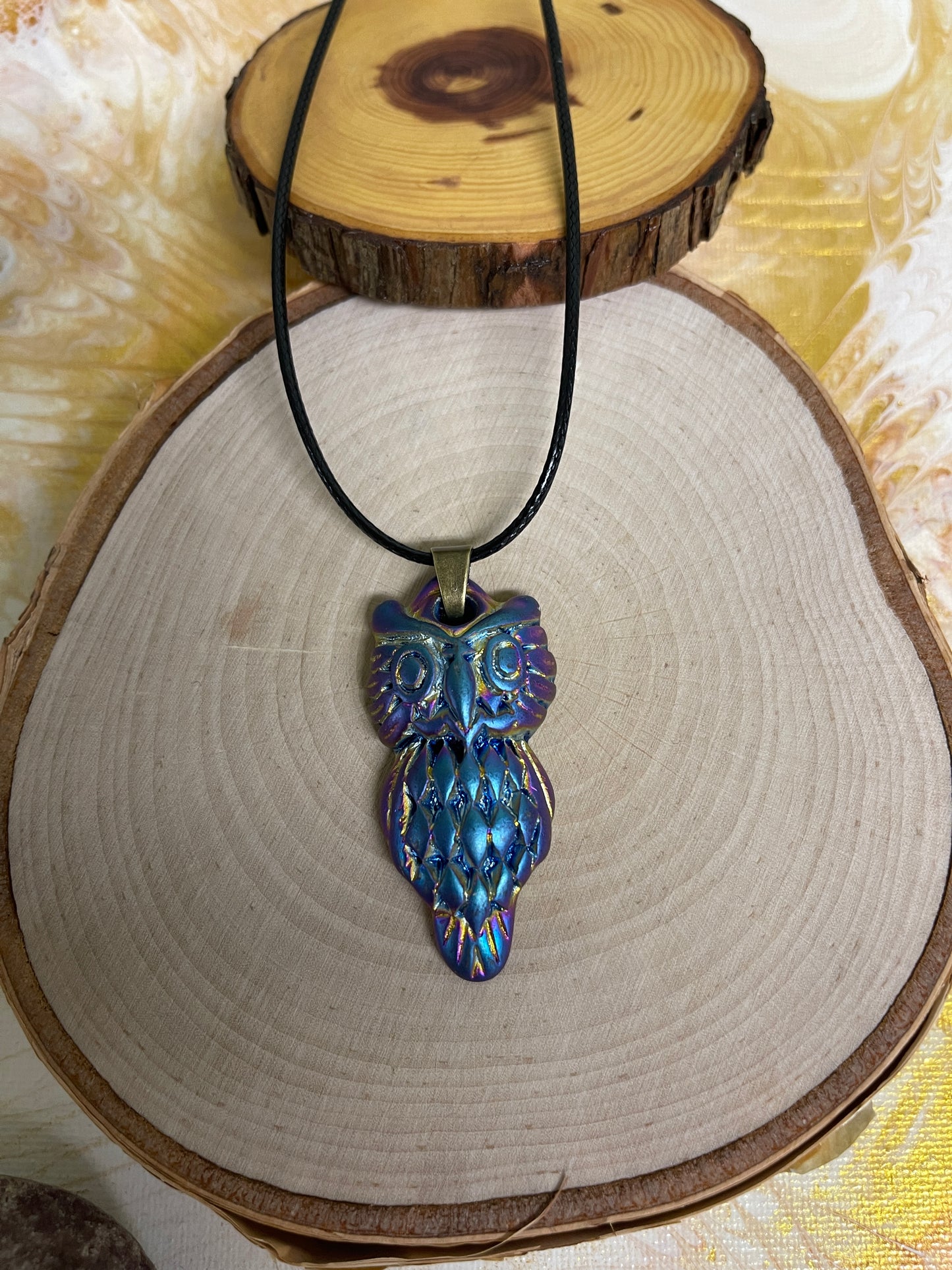 Iridescent OWL Pendant on a Black Cord NecklacePink tiful of LOVE