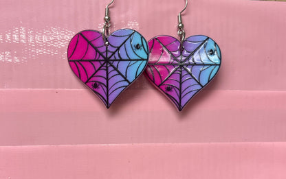 Punk Valentine's Day Heart with Spiderweb Charm Wire EarringPink tiful of LOVE