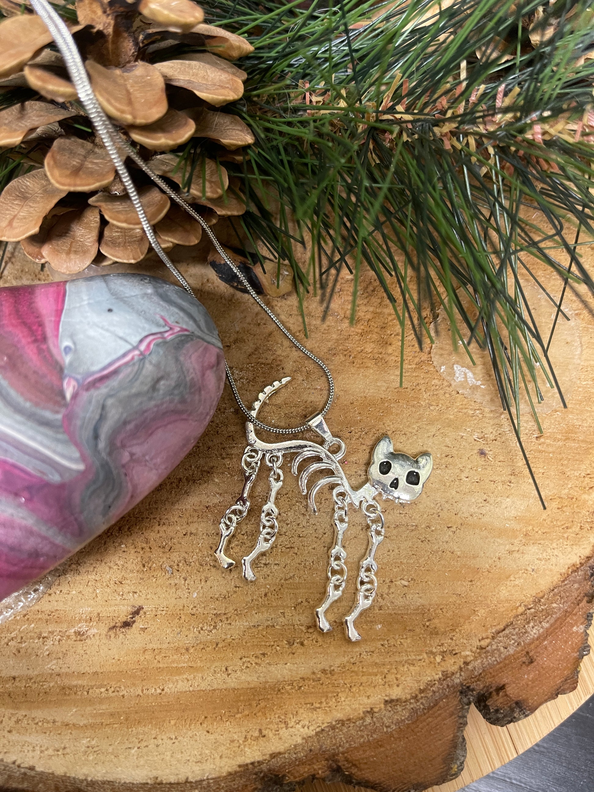 Halloween Skeleton Cat Pendant on a Silver Chain NecklacePink tiful of LOVE