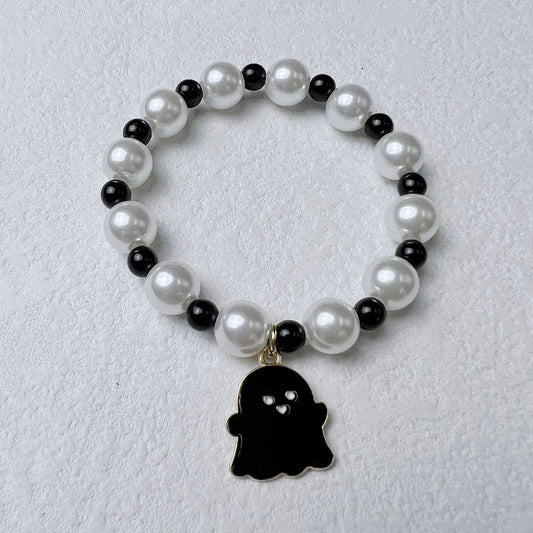 Halloween- black Ghost and Acrylic Beaded Elastic/Stretch Bracelet.Pink tiful of LOVE