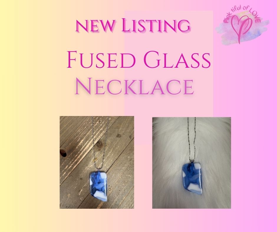 Fused Glass-blue with white  Irregular shaped Pendant on a dainty silver Chain Necklace