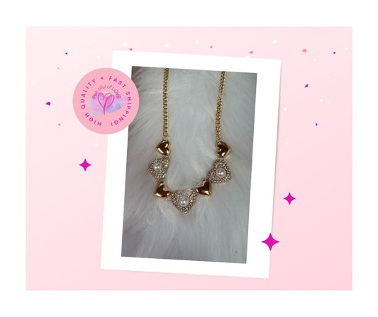 Gold Heart White Pearl Rhinestone Necklace