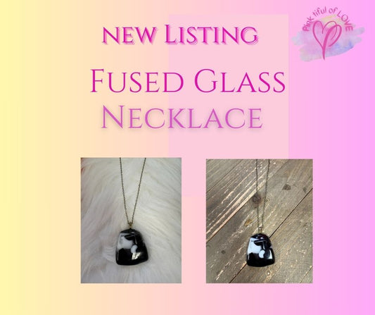 Fused Glass-Black with White Irregular shaped Pendant on a gunmetal Chain Necklace