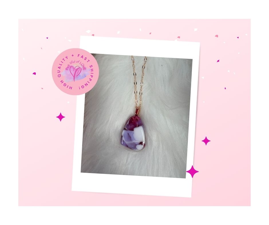 Fused Glass-pink, white & purple triangle shaped Pendant on a rose gold Chain Necklace