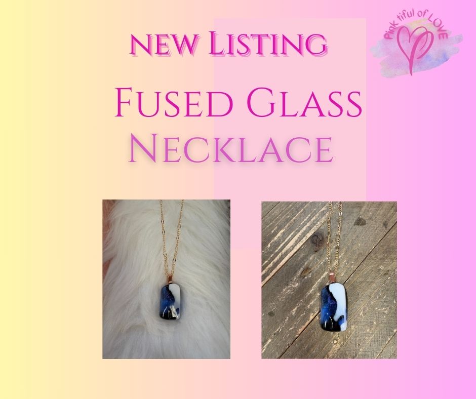 Fused Glass-blue, white & black rectangular shaped Pendant on a rose gold Chain Necklace