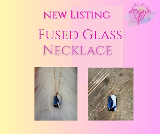 Fused Glass-blue, white & black rectangular shaped Pendant on a rose gold Chain Necklace