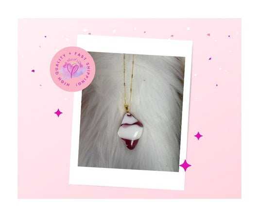 Fused Glass-Pink & White Diamond Shaped Pendant on a Gold Chain Necklace